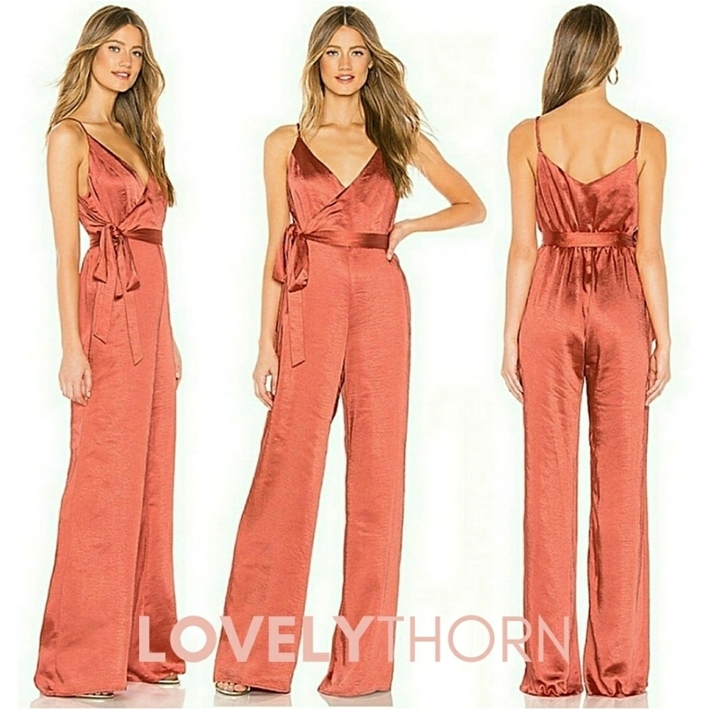 LINE & DOT // "dawn" satin plunge neckline belted wide leg jumpsuit rusty coral